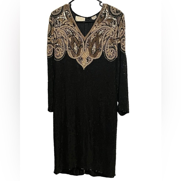Cache vintage 100% silk black and gold long sleeve fully sequins and beaded gown - Picture 1 of 16